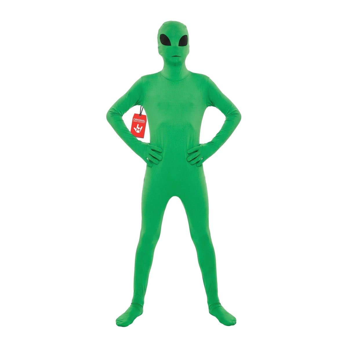Child wearing a solid green Kids Alien Morphsuit with an alien head mask and black almond eyes, hands on hips