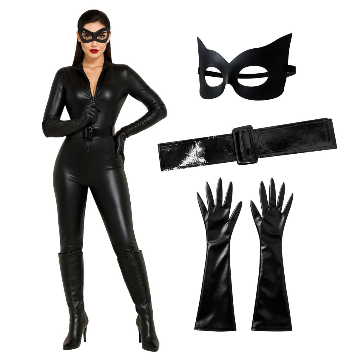 Woman in a black leather-look bodysuit cat costume with a belt, pointed gloves and a cat-eye mask