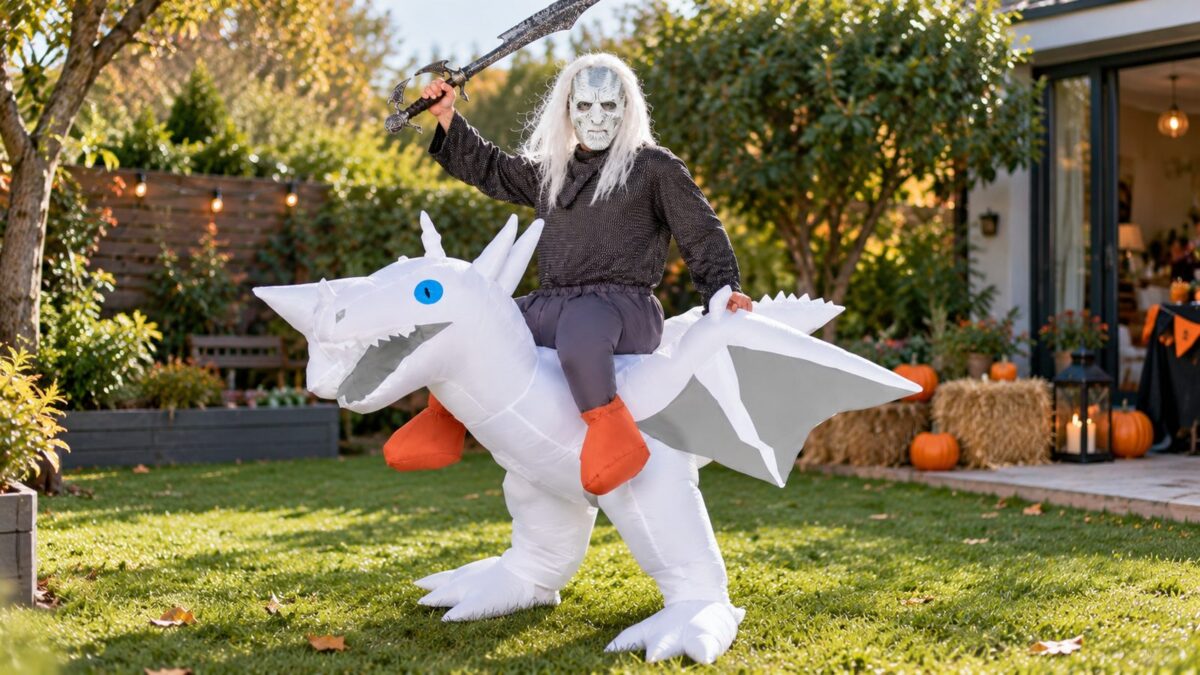 Adult in a giant white inflatable ride-on dragon costume with a built-in fan