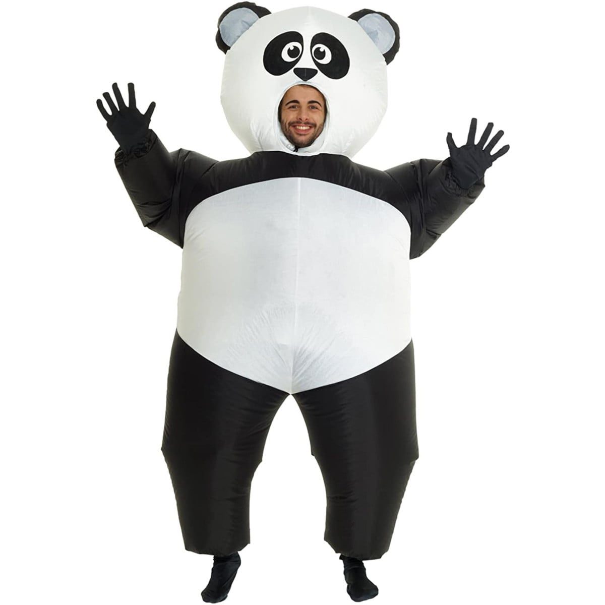 Adult in a giant inflatable black and white panda costume with a built-in fan keeping the suit fully inflated