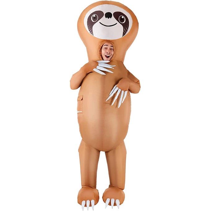 Adult in a giant inflatable brown sloth costume with a puncture-resistant polyester shell and a relaxed, slow-moving pose