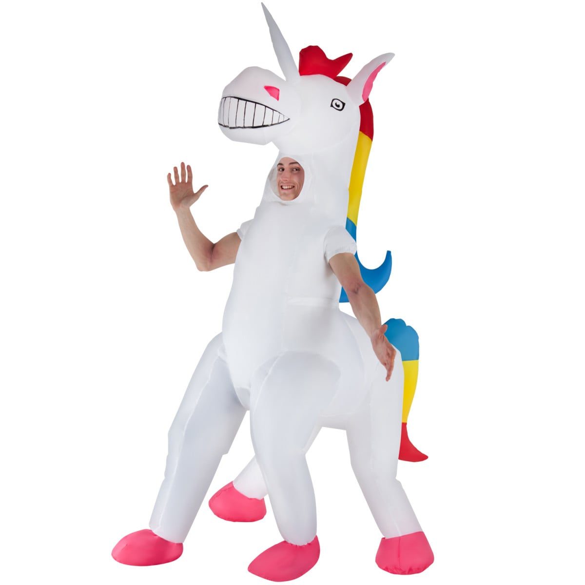 Adult in a giant white and rainbow inflatable unicorn costume, fully inflated with a zip entry