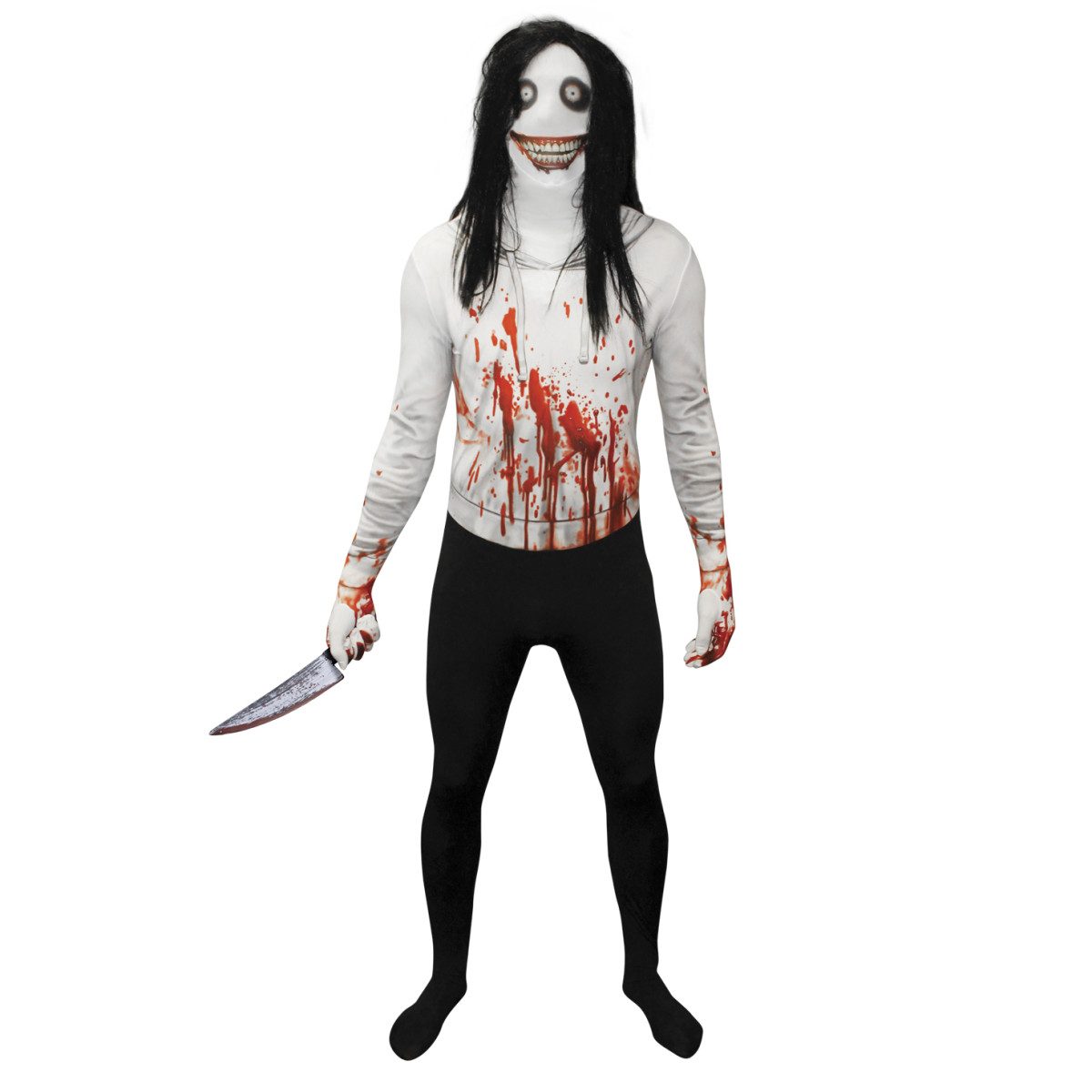 Adult Jeff the Killer Morphsuit with a white blood-spattered top, black lower half, printed pale grinning face and long black wig