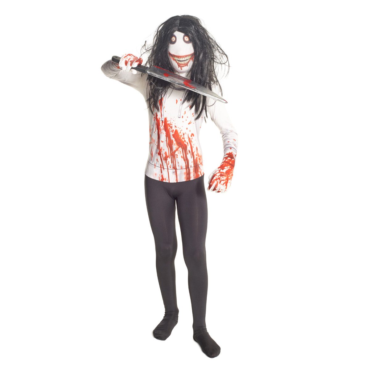 Kids Jeff the Killer Morphsuit with a white blood-spattered top, black lower half, printed pale face and attached wig
