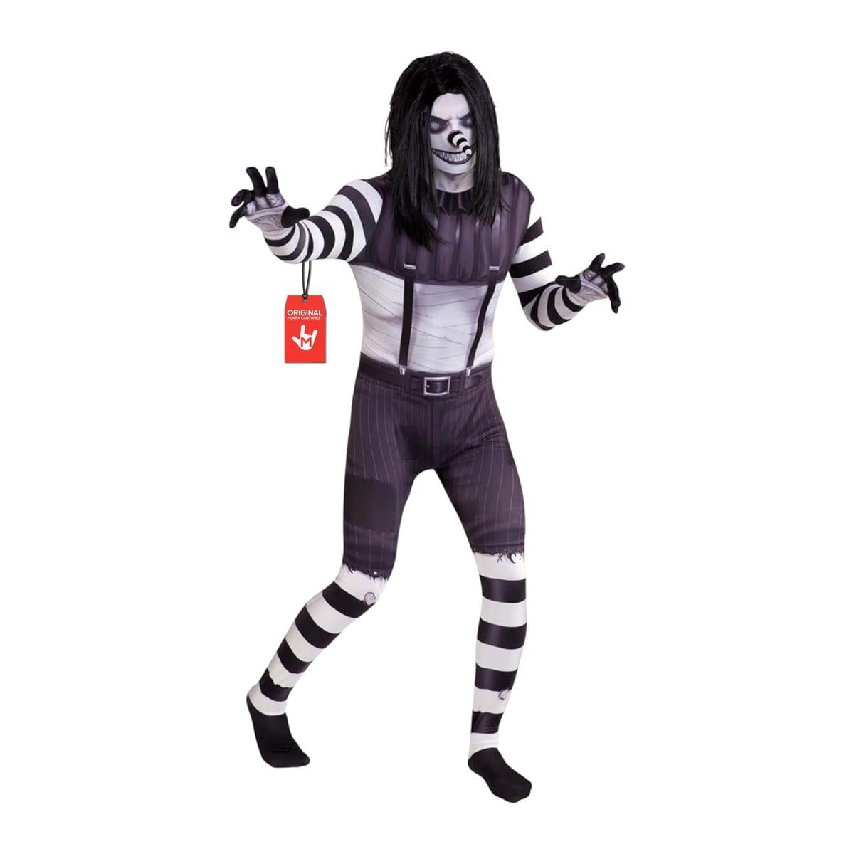 Adult Laughing Jack Morphsuit in black and white striped clown print with a pale grinning face and long black wig