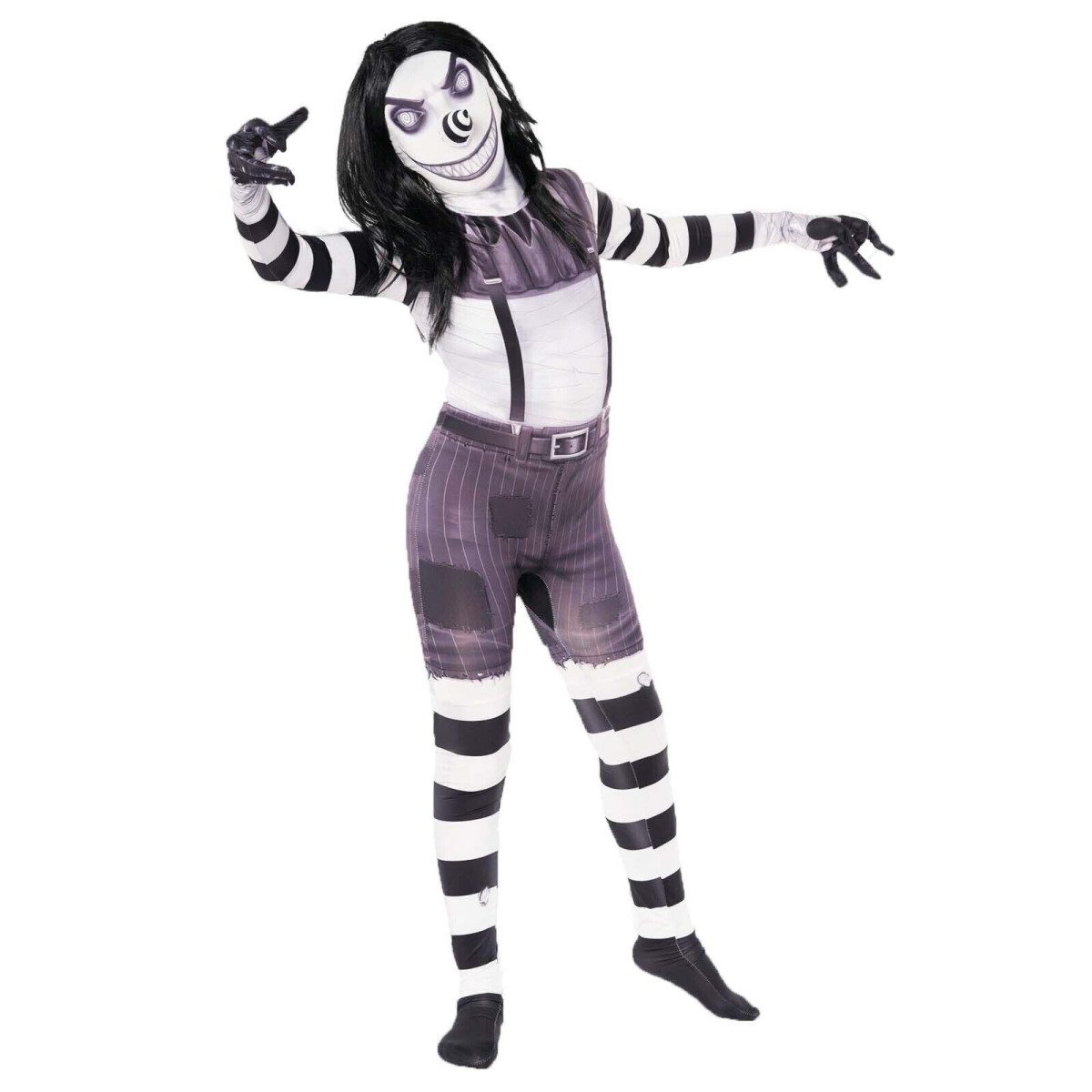 Kids Laughing Jack Morphsuit in black and white striped clown print with a detachable hood and double ended zip