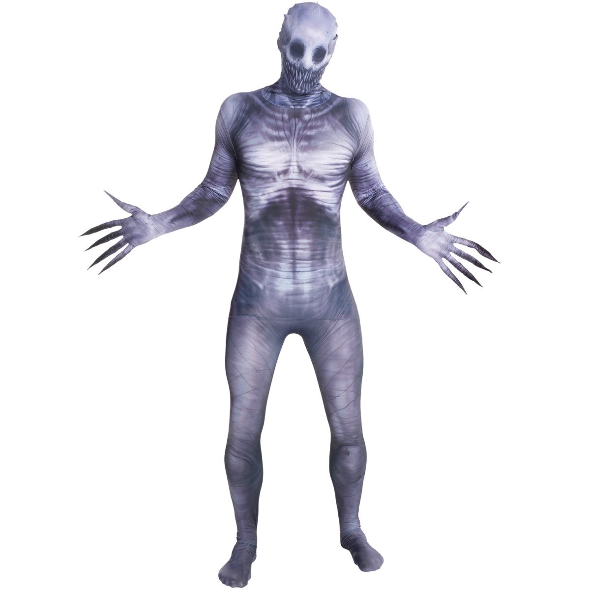 Adult The Rake Morphsuit with a gray-lavender print of a gaunt ribbed monster body and long claw fingers