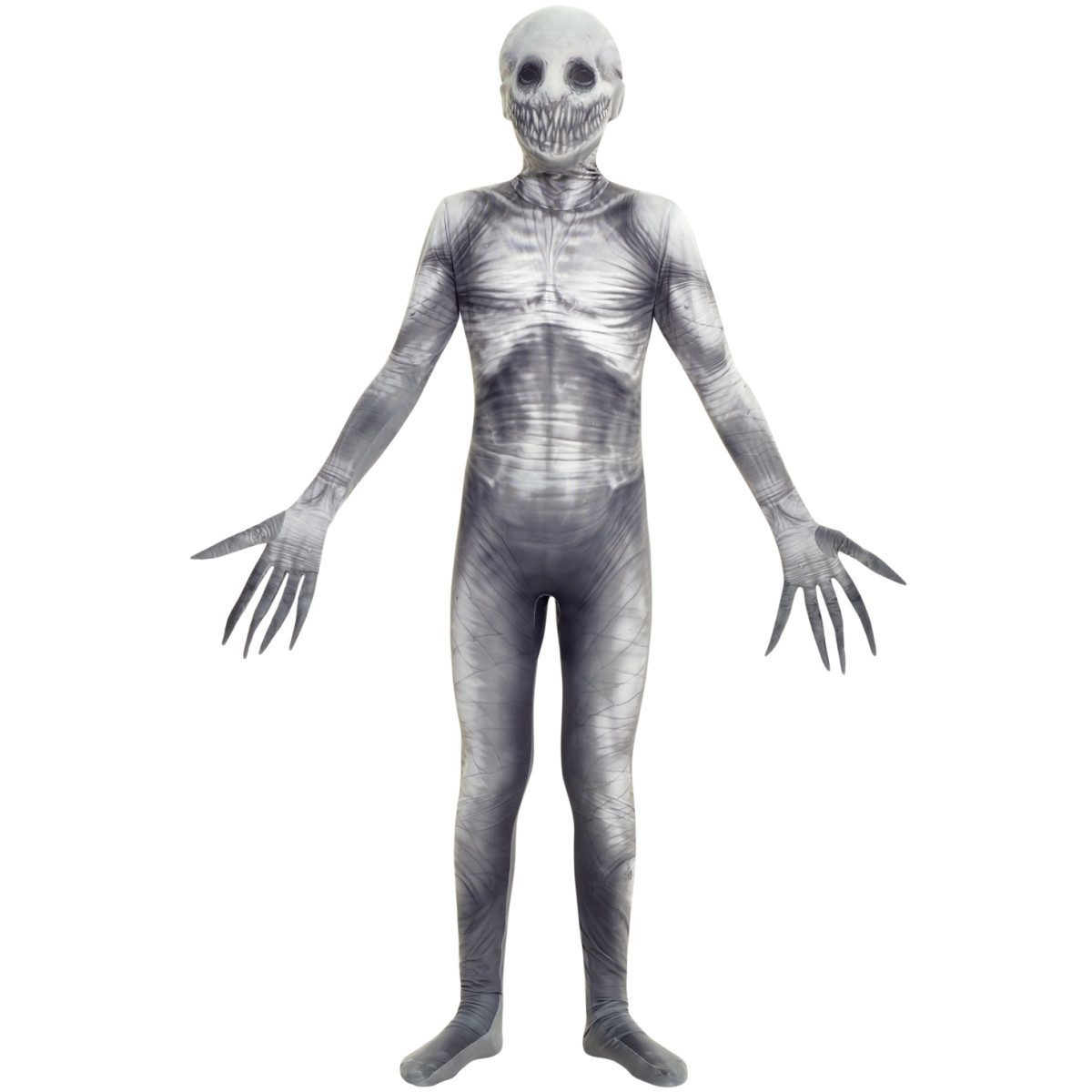 Kids The Rake Morphsuit with a pale gray skull-like hood and printed ribs and claw fingers
