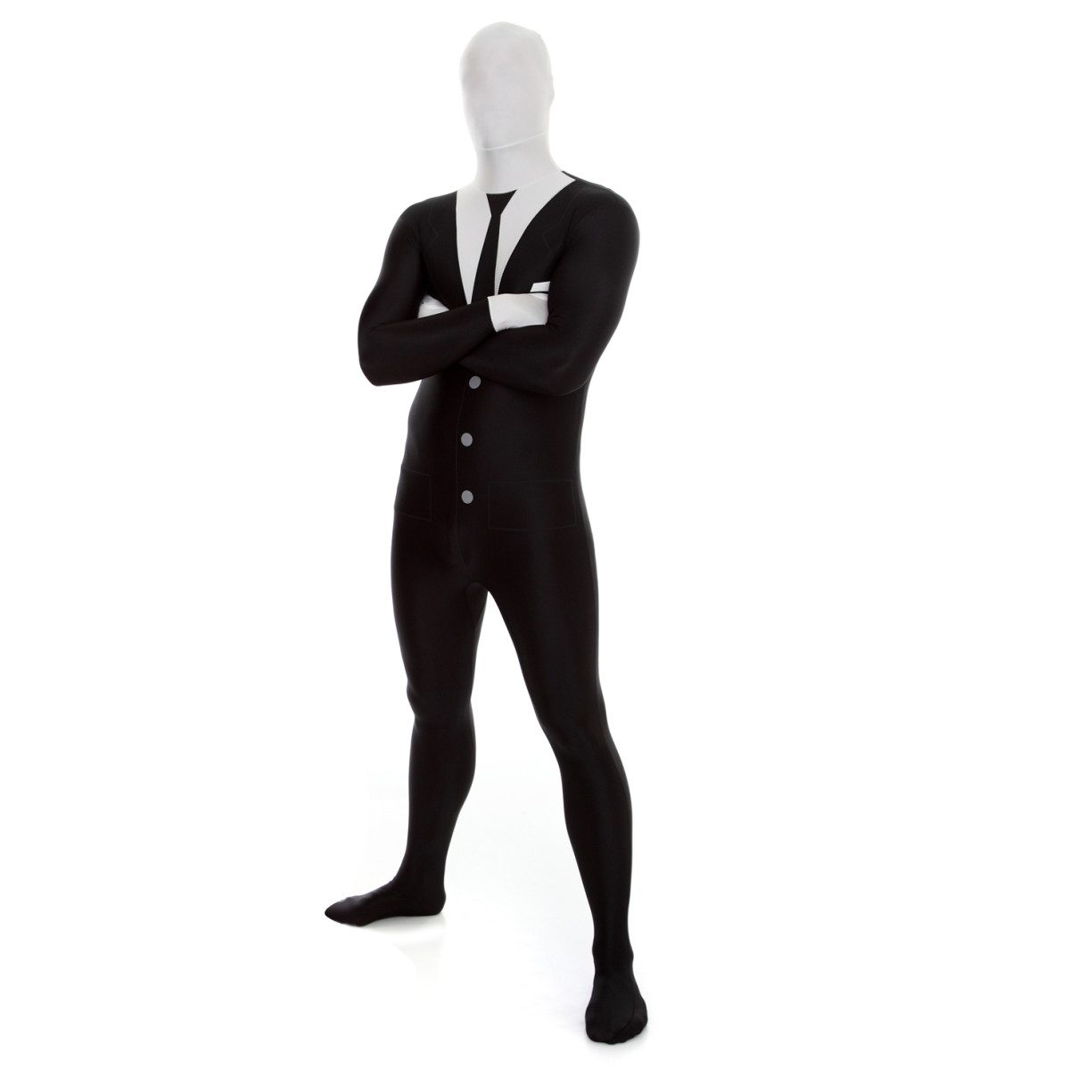 Adult Slenderman Morphsuit with a black suit print, shirt and tie detail, and a plain featureless white hood