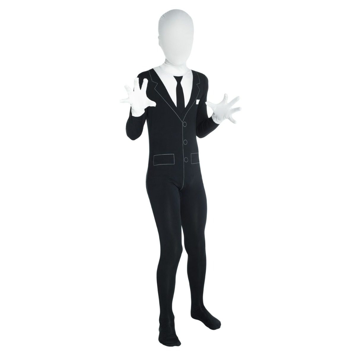 Kids Slenderman Morphsuit with a black suit print, shirt and tie detail, quick release hood and white hands
