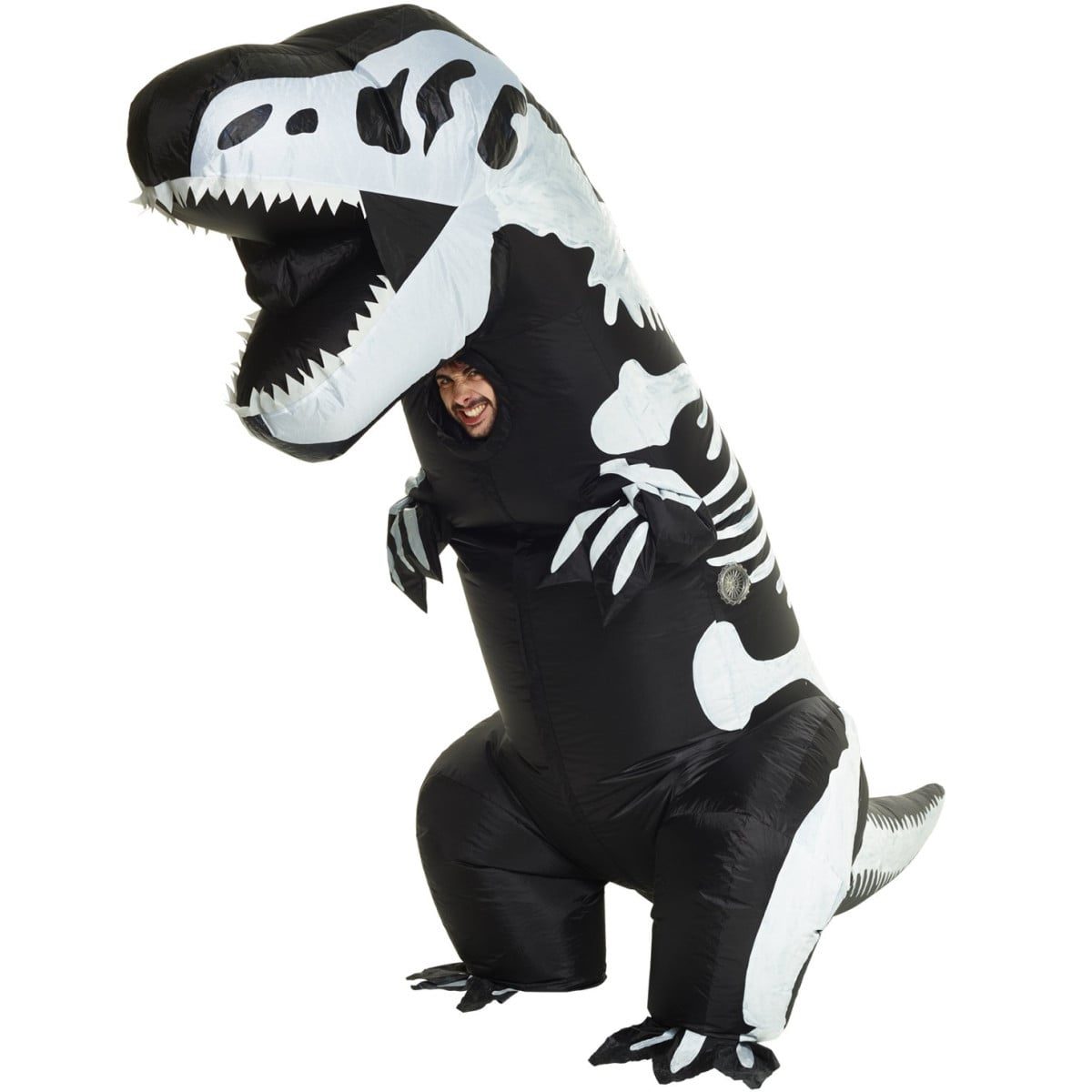 Adult wearing a giant inflatable skeleton T-Rex dinosaur costume with a hook and loop closure