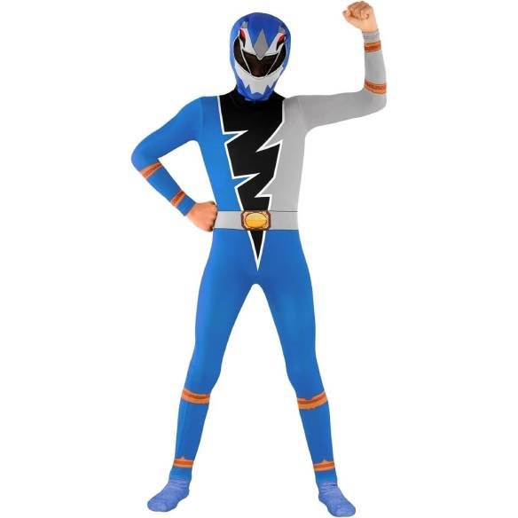 Child wearing a blue Power Rangers Dino Fury Morphsuit with a velcro hood and mesh eye holes