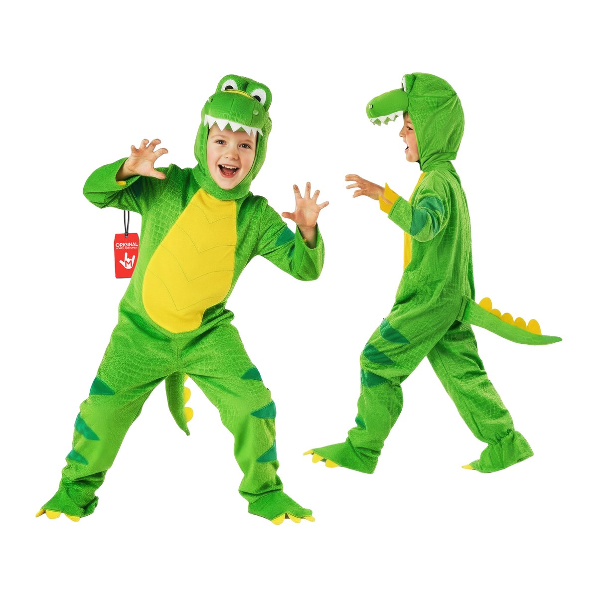 Child wearing a green T-Rex dinosaur costume jumpsuit with a detachable headpiece