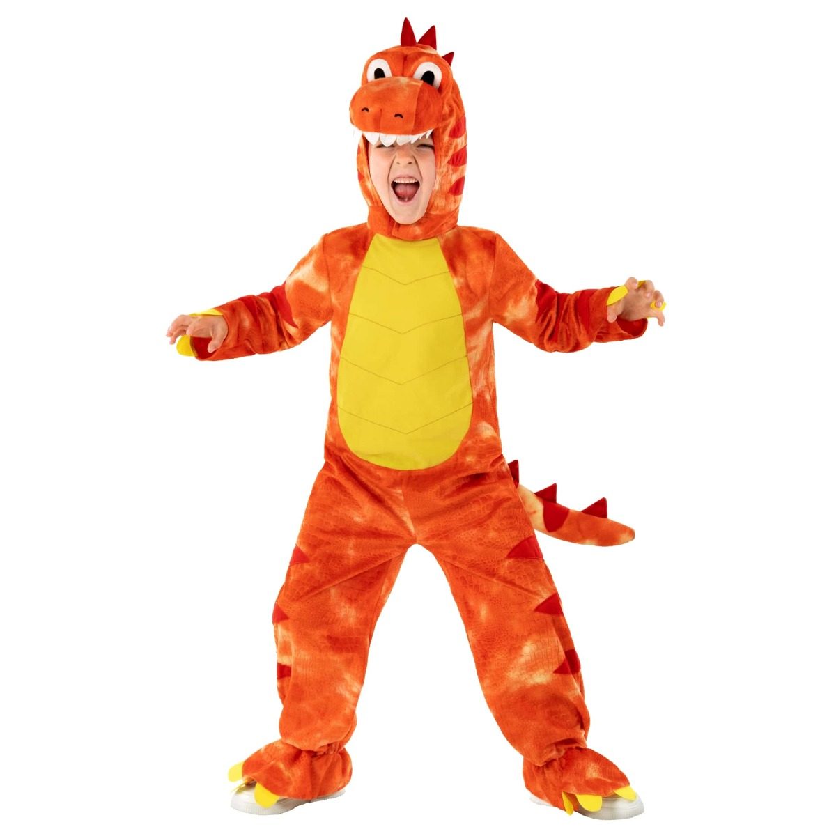 Child wearing a bright orange embossed velour T-Rex dinosaur costume jumpsuit with an attached tail and a detachable dinosaur headpiece
