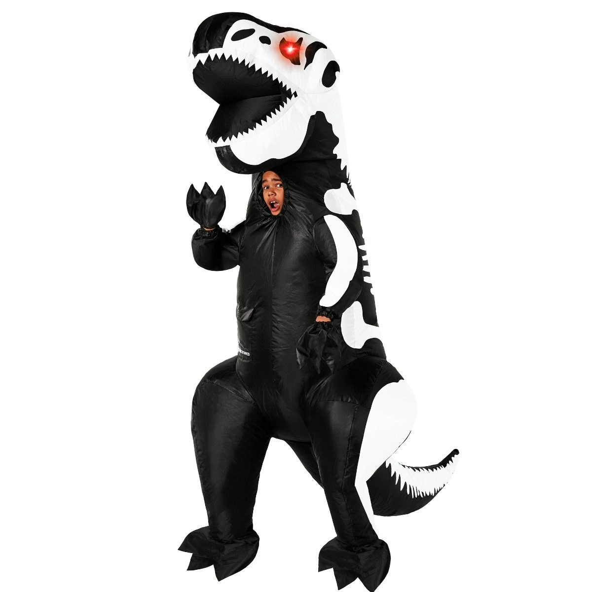 Child wearing an inflatable skeleton T-Rex dinosaur costume with glowing red light-up eyes