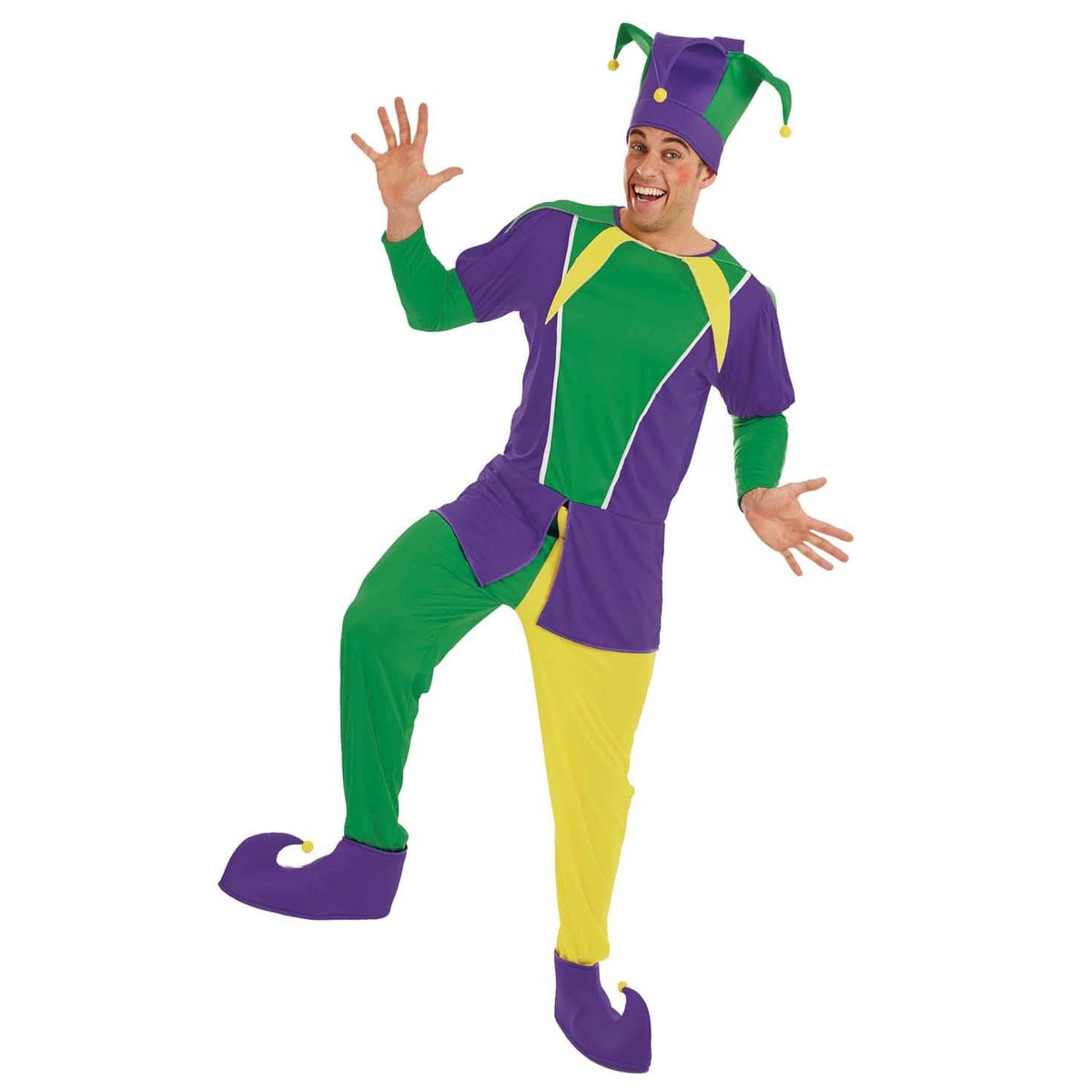 Mens jester costume in purple and green color-block panels with a yellow collar, a split green-and-yellow pant leg, and a matching three-point jester hat with pompom tips