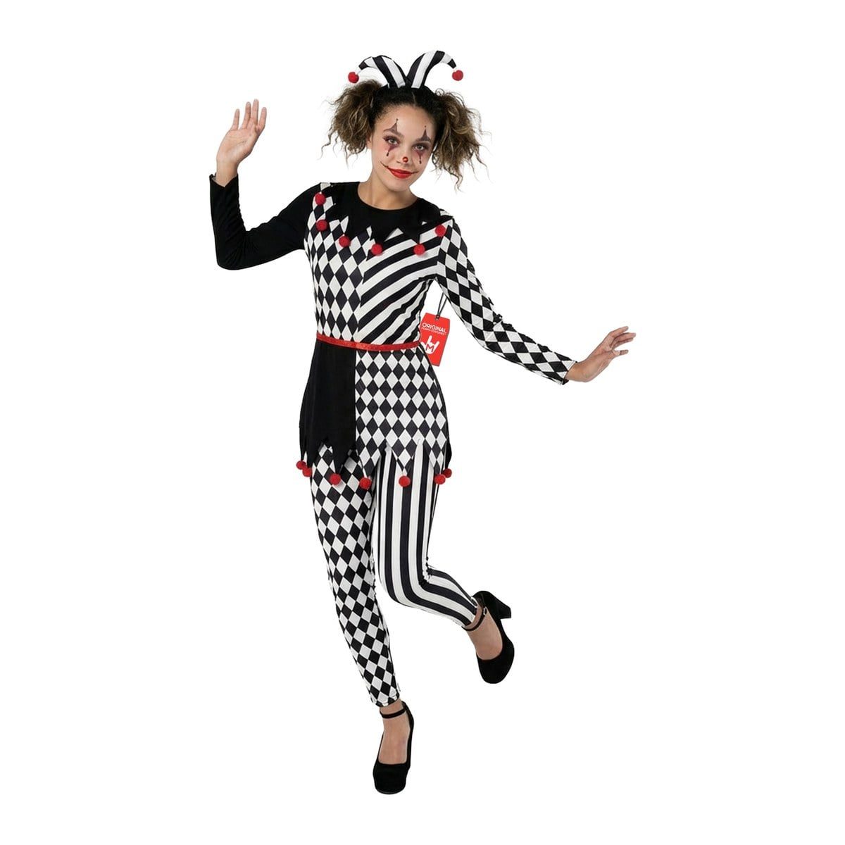 Womens harlequin jester costume in a black, white and diamond-and-stripe print top with split diamond and stripe leggings, red pompom trim and a matching pompom headband