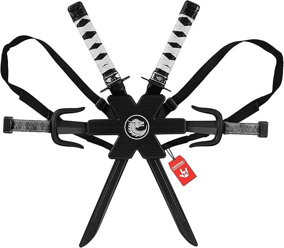 Kids ninja backpack accessory set in black with adjustable straps holding two swords, two daggers and two throwing stars