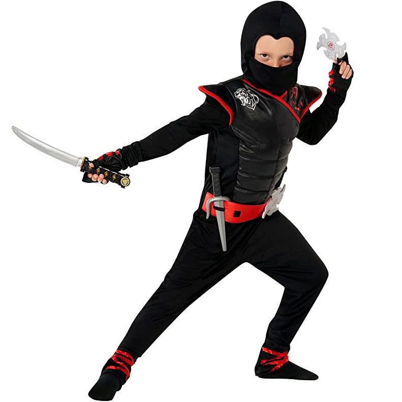 Child in a black and red deadly ninja costume with padded muscle bodysuit, detachable face mask, gloves, foam throwing stars and daggers