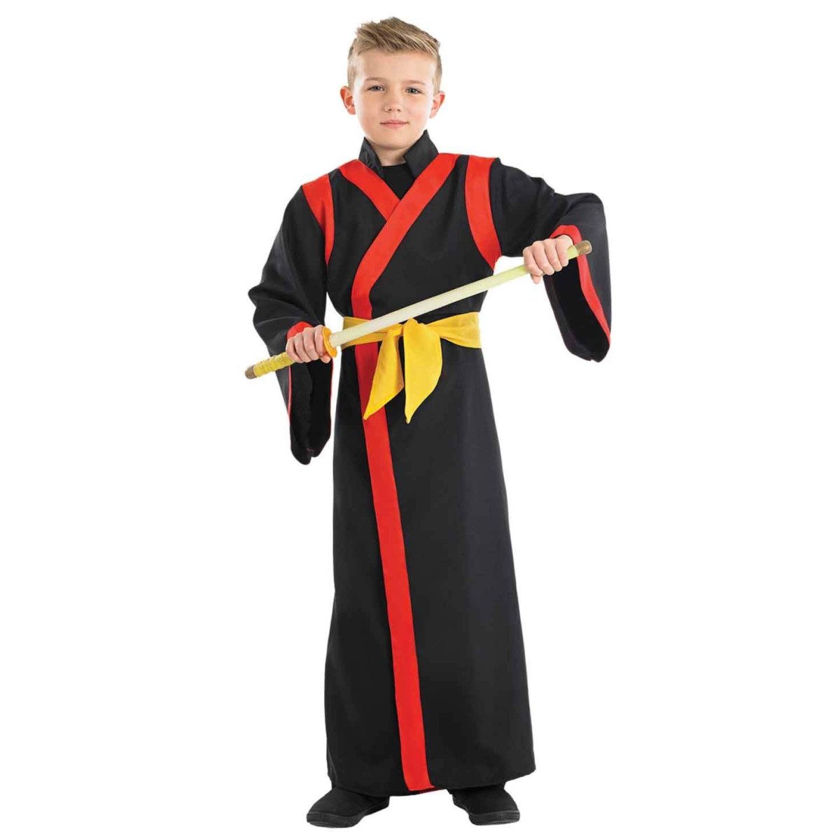 Child in a kids samurai costume with a full-length red-trimmed robe and yellow belt, no mask