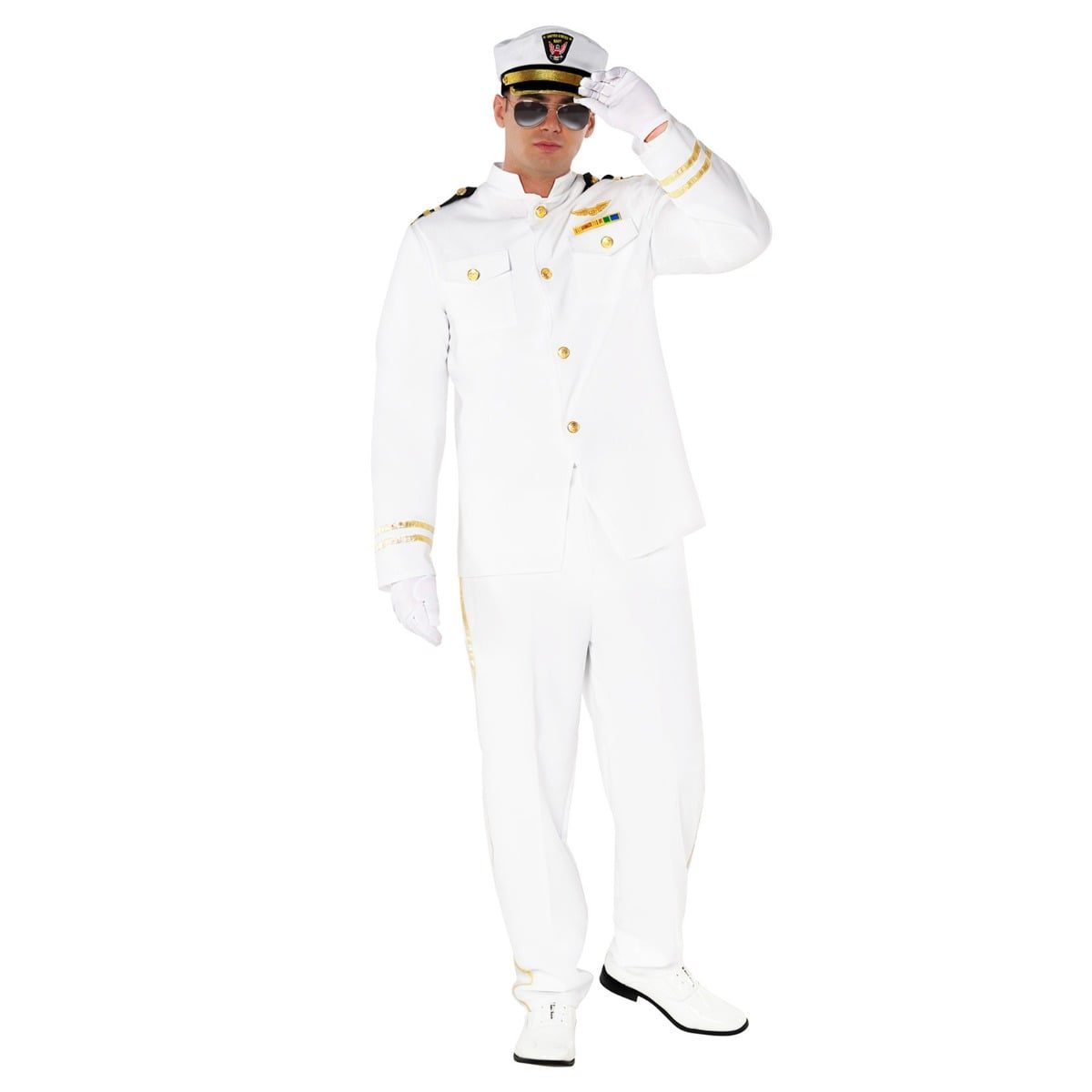 Mens white officer suit costume with a naval-style jacket, gold trim, epaulets and an adjustable captain hat