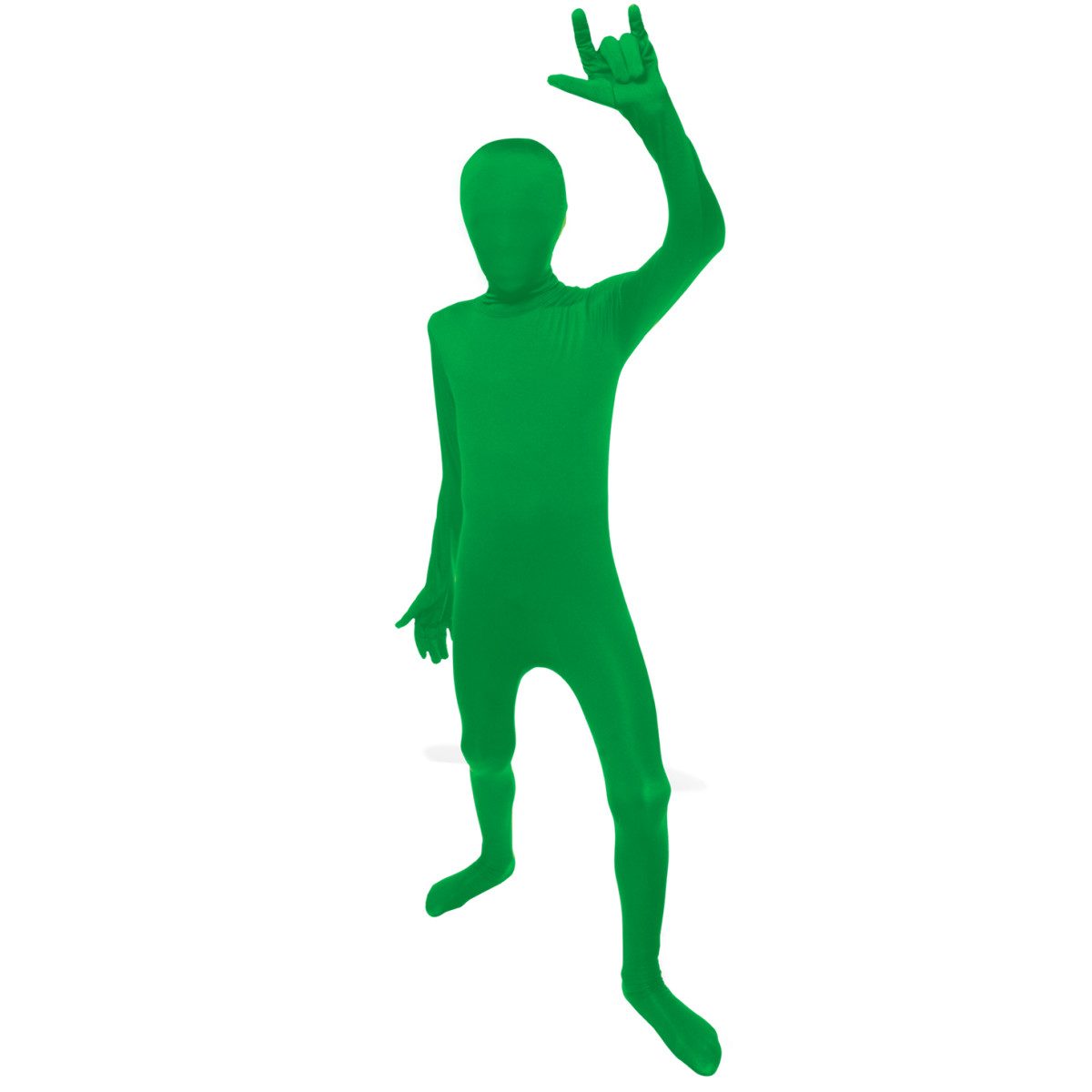 Child wearing a green full-body Morphsuit costume with a quick-release hood