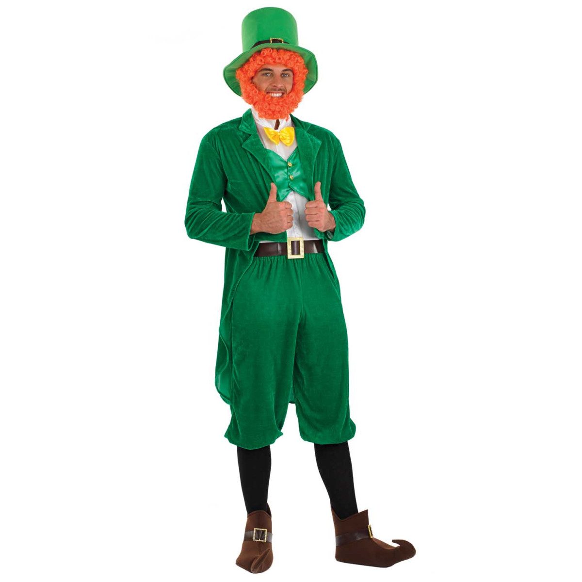 Man wearing a green leprechaun costume jacket with attached shirt insert, matching pants, vest, yellow bowtie, and a top hat with attached ginger beard