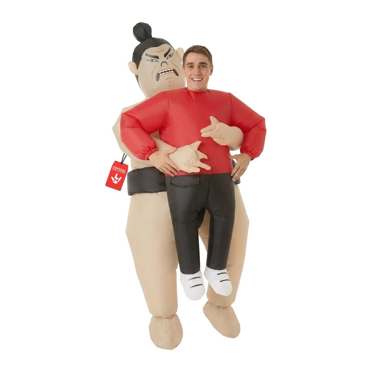 Adult in the Sumo Pick Me Up inflatable costume, an inflatable sumo wrestler with a topknot and black belt appearing to carry the smiling wearer, who shows a red top and black pants
