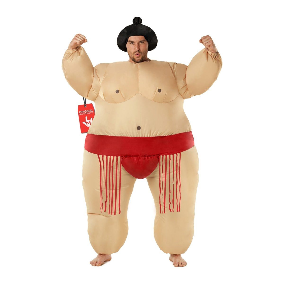 Adult wearing a red sumo Megamorph inflatable costume, a skin-tone one-piece inflatable suit with defined muscles, a red belt with hanging red tassels, and a black topknot headpiece, arms raised in a flexing pose