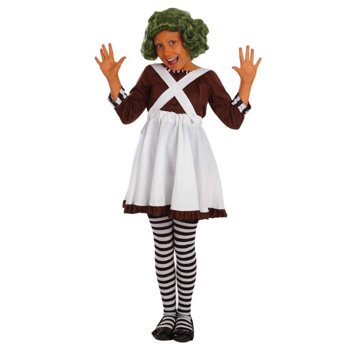 Girl in a brown long-sleeve top with striped cuffs, a white skirt with suspenders and striped tights, styled as a chocolate factory helper