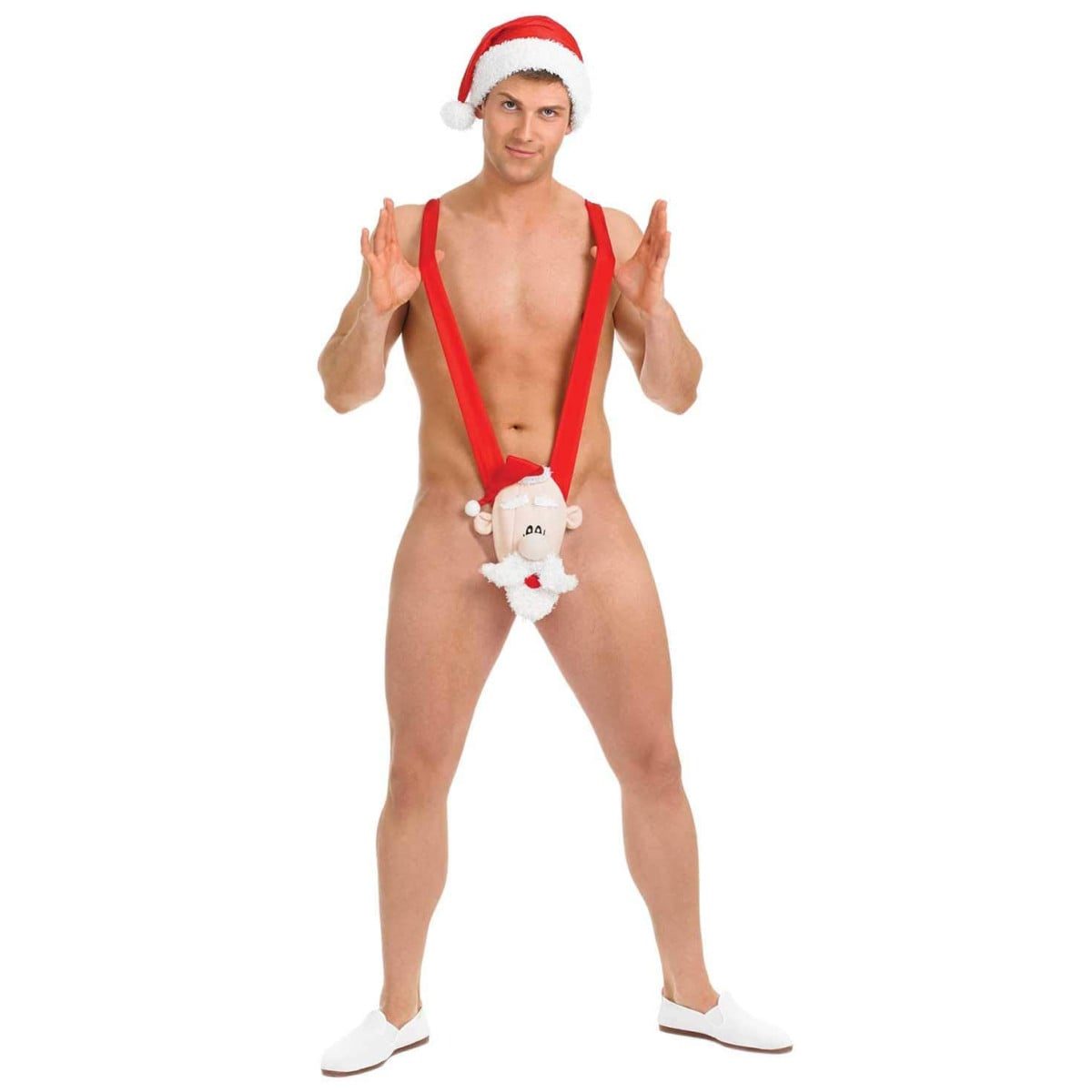 Christmas mankini in red and white with a matching Santa hat, styled as a novelty adult costume