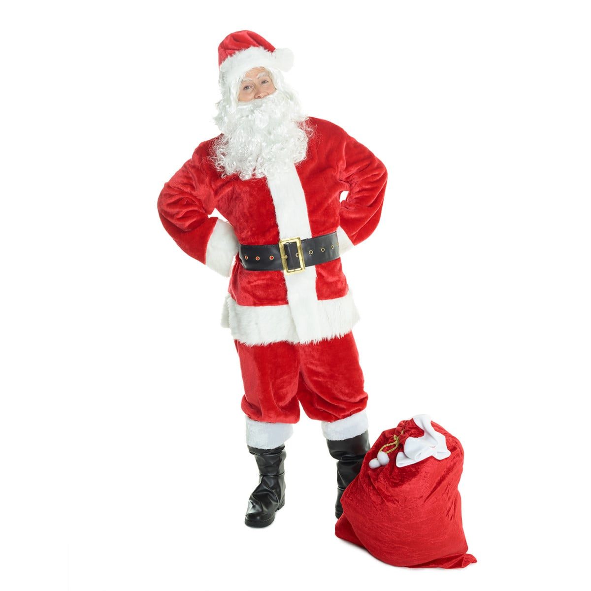Deluxe Santa costume for men, a red faux fur jacket, matching red pants, Santa hat, white beard, black belt and black boot covers