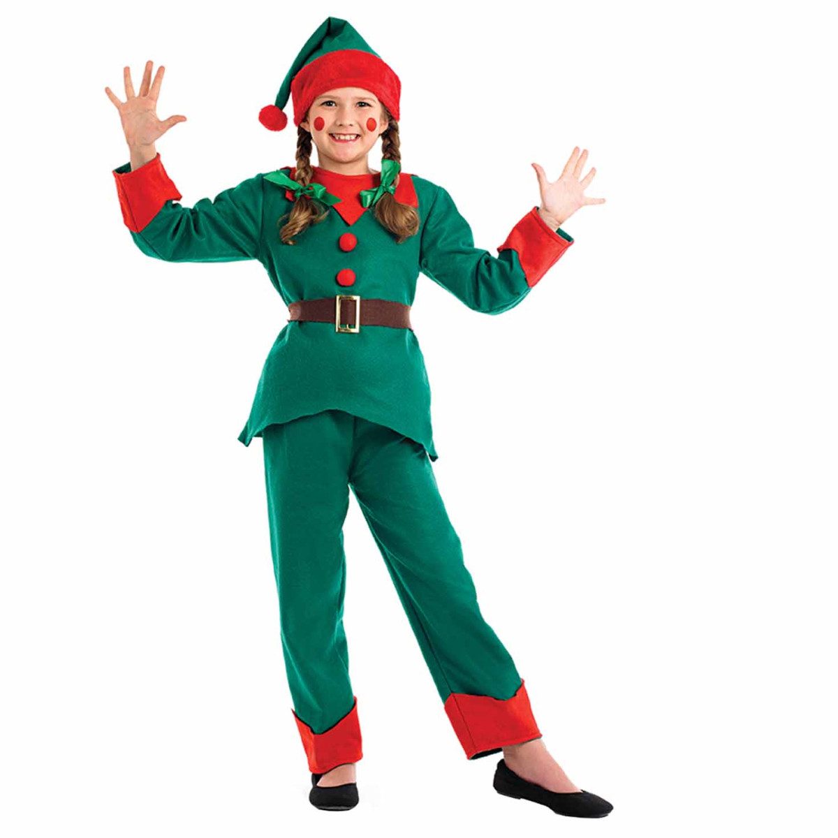 Kids Christmas elf costume, a green and red top with button detail, matching pants, a pointed elf hat and a belt