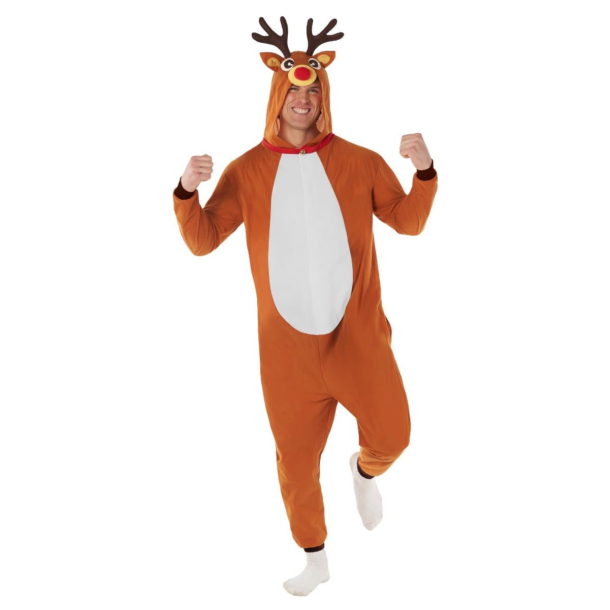 Mens reindeer onesie costume, a brown jumpsuit with a white belly panel, an attached hood with antlers and a red nose, and hoof-style shoe covers