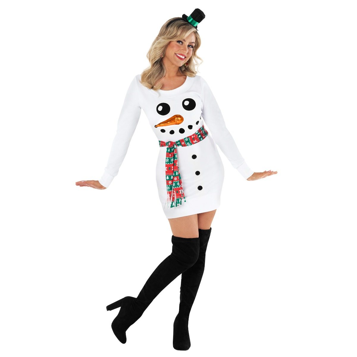 Womens snowman jumper dress costume, a white printed sweater dress with a scarf belt and a top-hat headband
