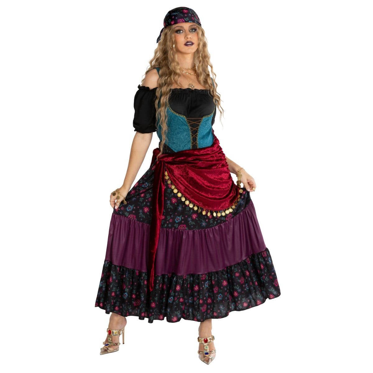 Mystic Fortune Teller costume for women, a long dress with a tiered skirt, a coin skirt wrap and a floral printed headpiece
