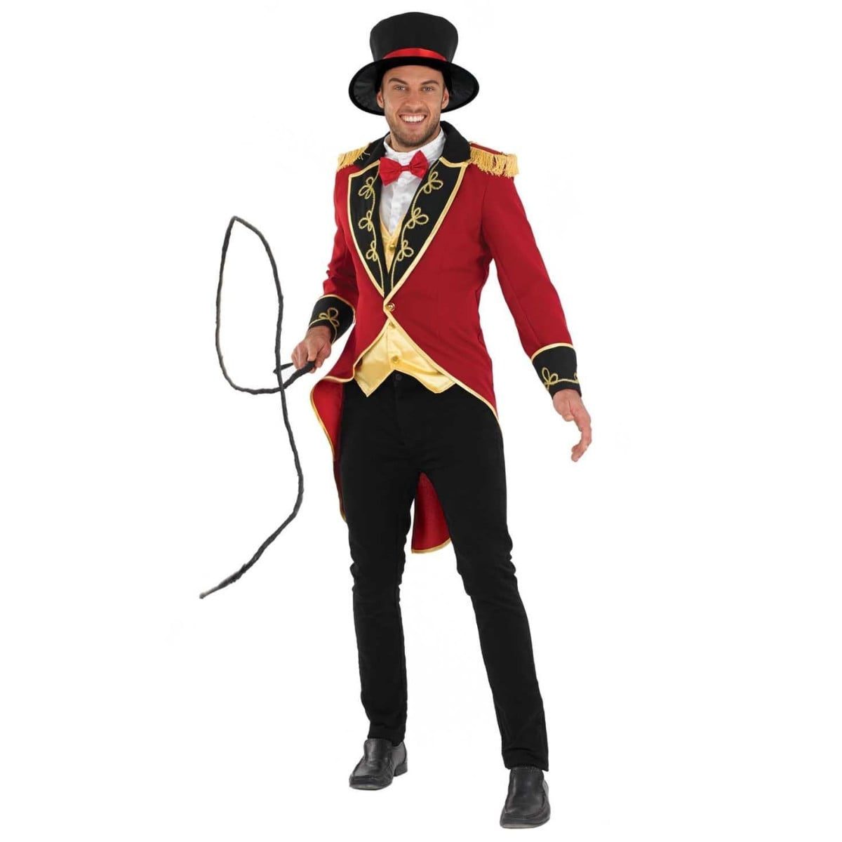 Mens Circus Ringmaster Costume, a red tailcoat jacket with gold pattern detail, a gold vest shirt insert with a red bow tie, and a black top hat