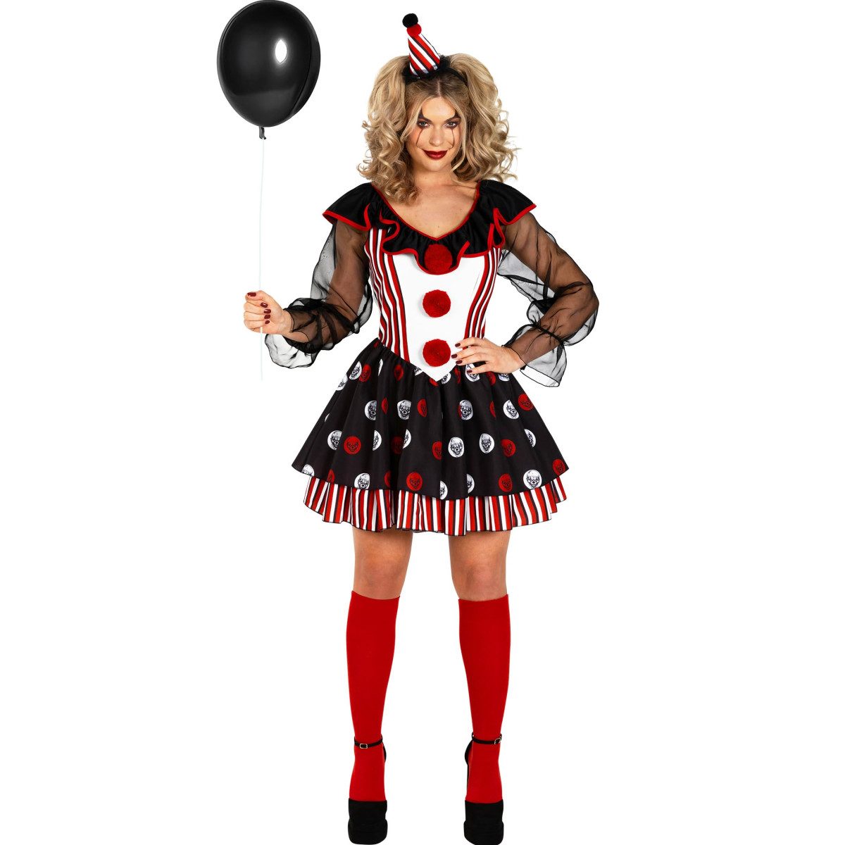 Skulls and Stripes Clown Dress for women, a red, black and white clown dress with a clown face pattern skirt and a matching mini hat headband