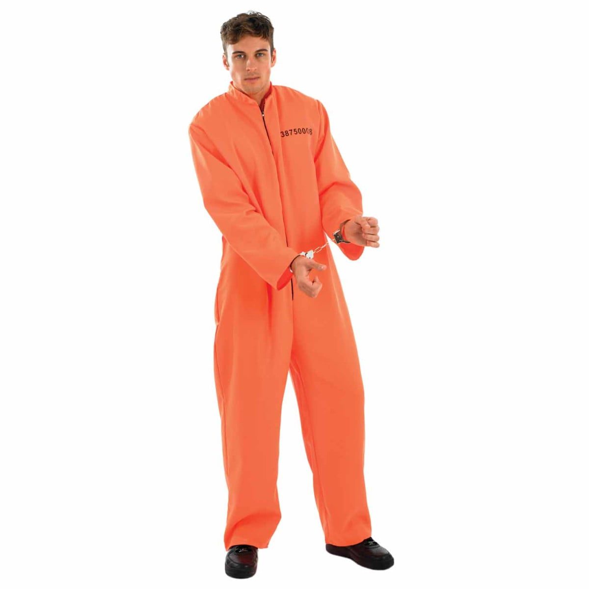 Man in a single-piece orange prisoner jumpsuit with a printed inmate number, wearing prop handcuffs
