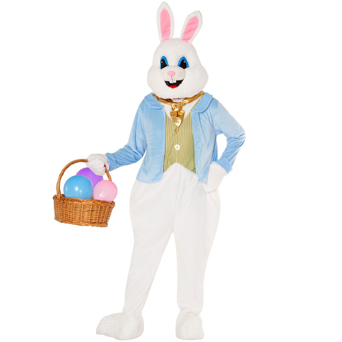 Adult wearing a white plush padded Easter Bunny mascot suit with a pastel blue jacket, striped waistcoat, and gold cravat