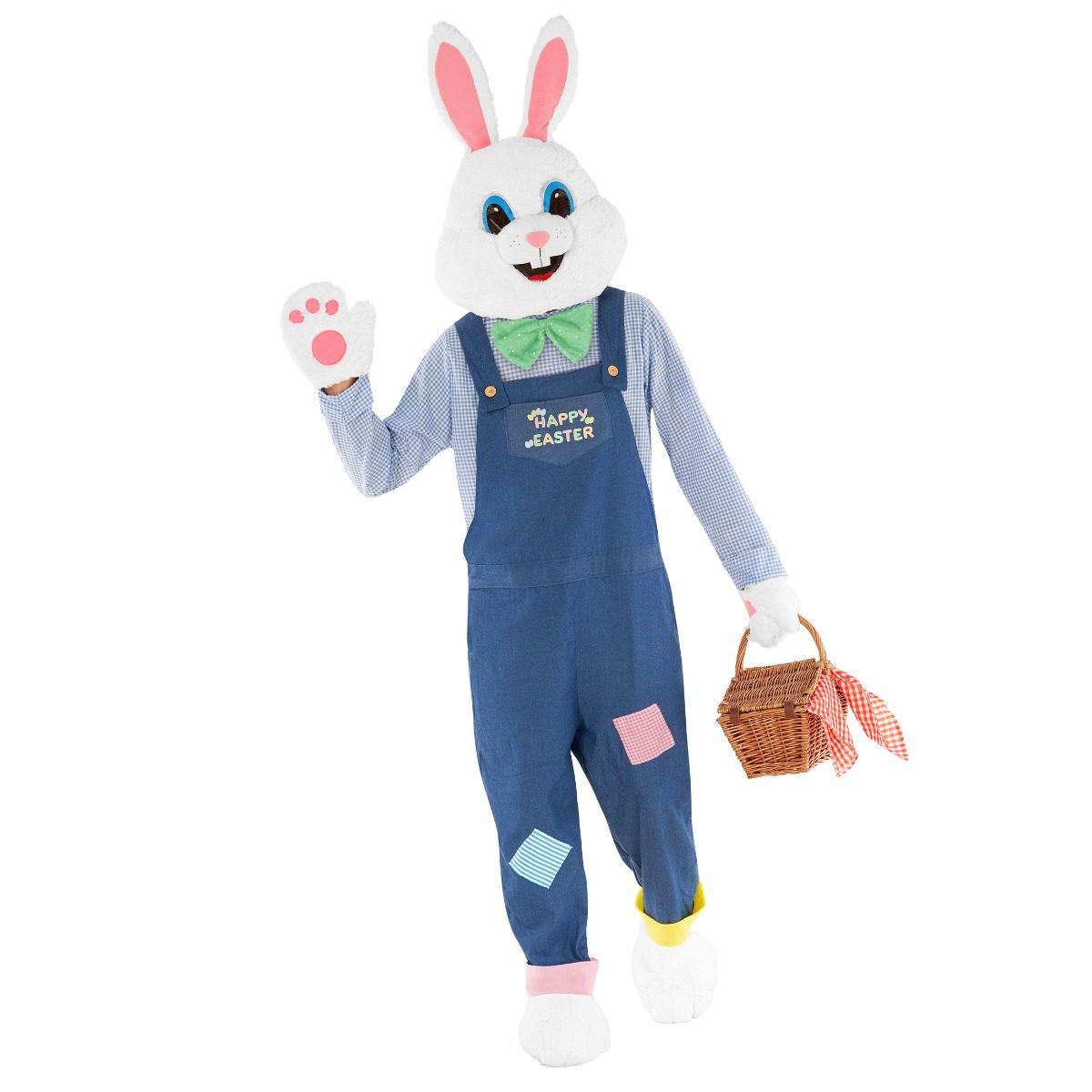 Adult wearing a white plush Easter Bunny mascot suit with denim-style dungarees, a gingham shirt, and a green bow tie