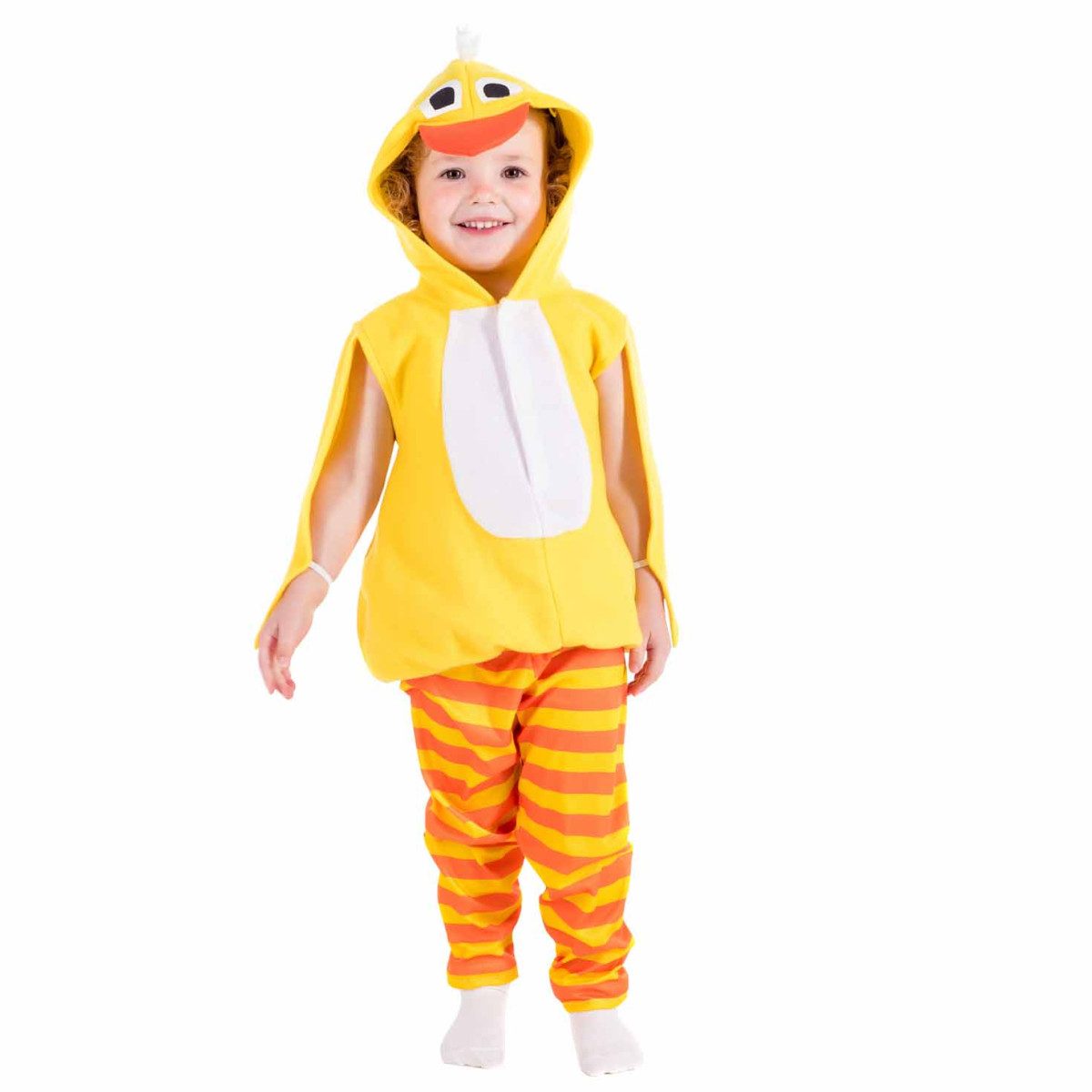 Toddler wearing a yellow hooded chick costume with an orange beak and orange-and-yellow striped pants