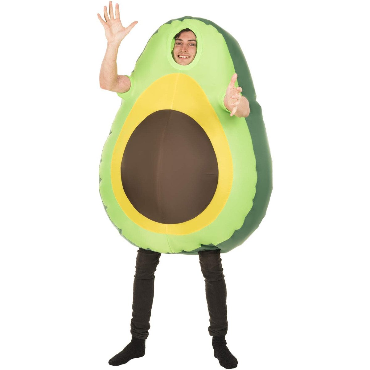 Adult inflatable avocado costume, a rounded green suit shaped like a whole avocado with a built-in fan