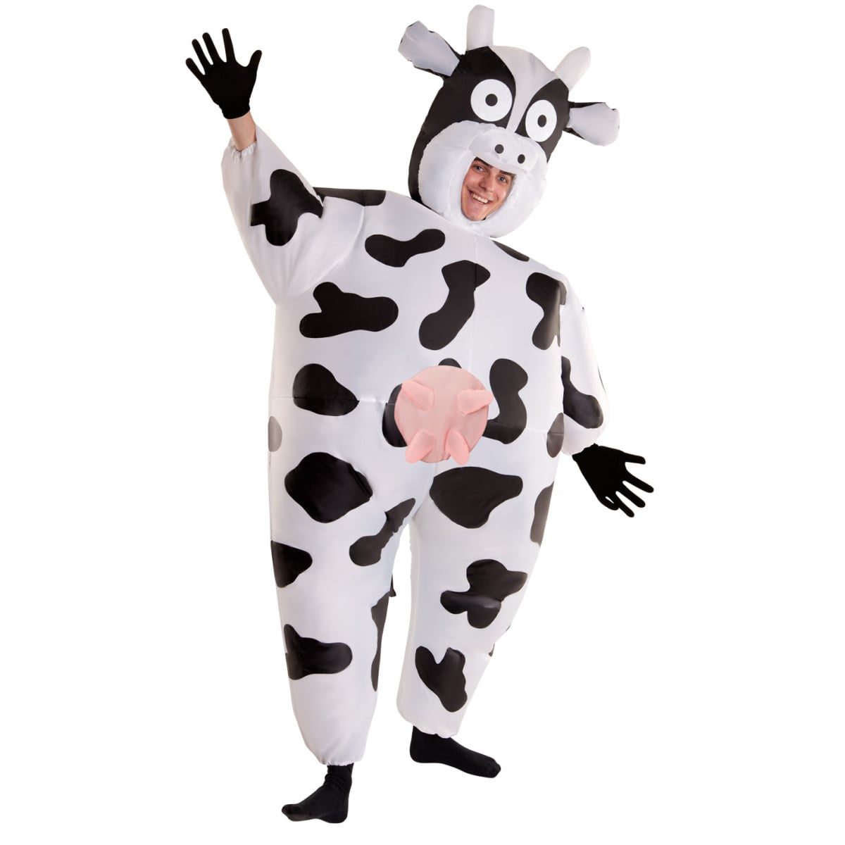 Adult inflatable cow costume, a full-body black and white spotted suit with a built-in fan and included gloves