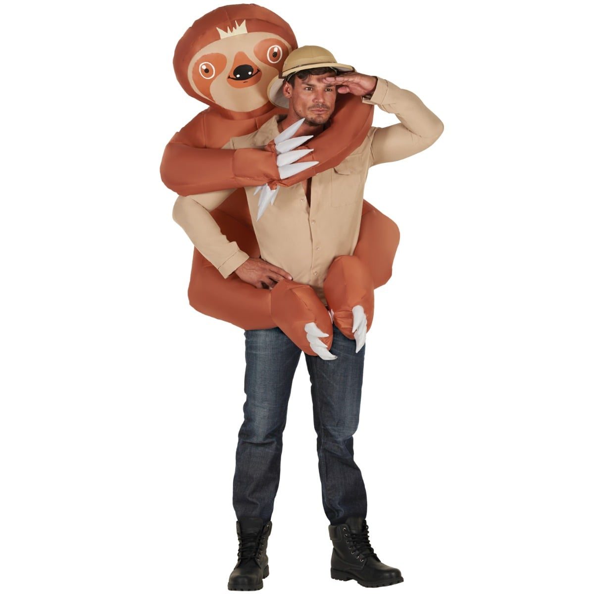Adult inflatable sloth costume, an oversized grey suit with a built-in fan and a slow, hunched sloth shape