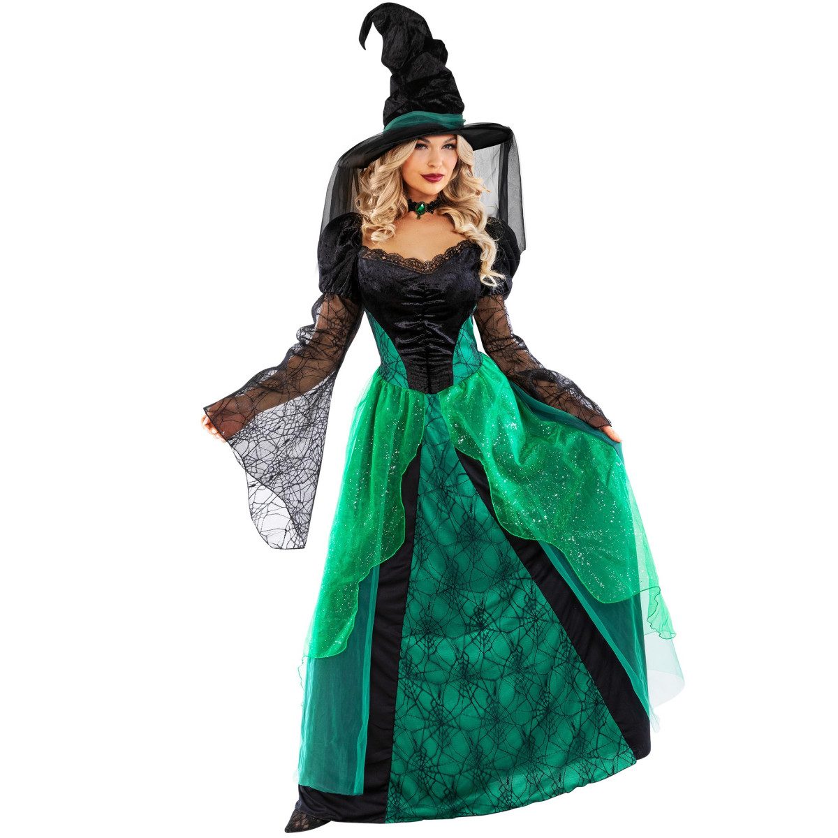 Womens green witch costume, a layered green and black dress with glitter accents and a ruched witch hat