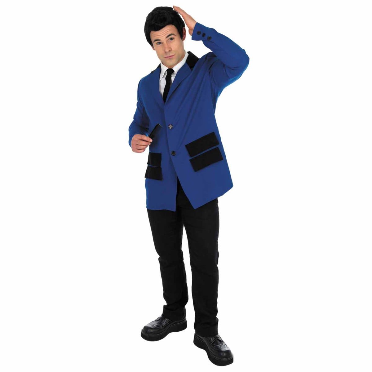 Man wearing a dark blue 1950s-style suit jacket with a black velvet collar and black pocket trim, a white shirt collar and black slim necktie visible at the neck, black pants