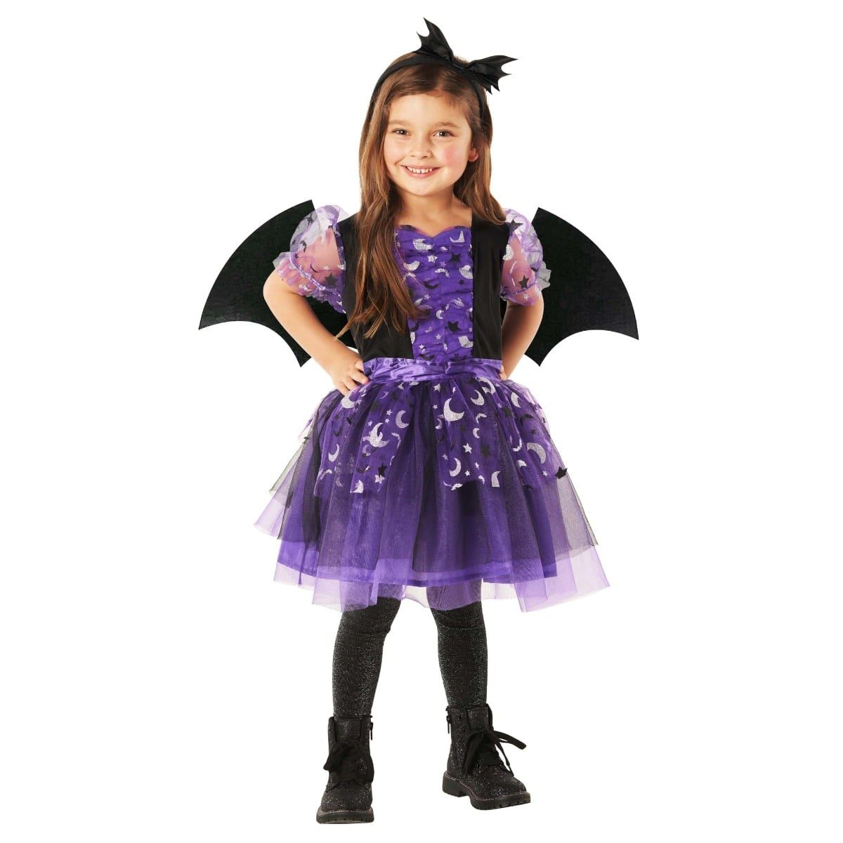 Girl in a purple bat costume dress with a silver moon and star print, sheer puff sleeves, a layered tulle skirt, black bat wings attached at the back, and a black bat bow headband
