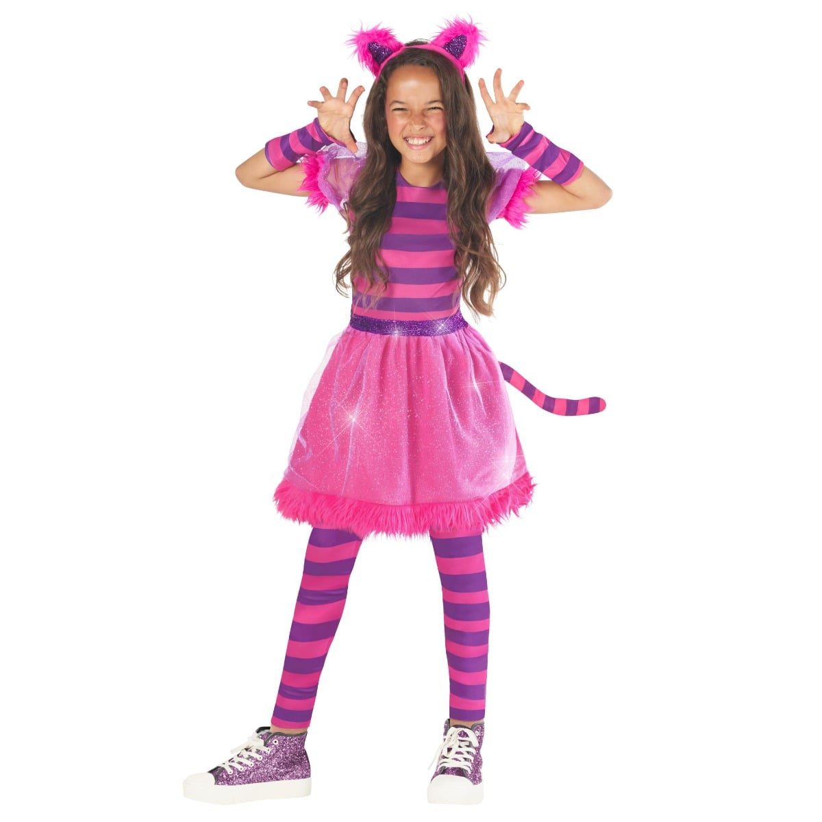 Girl in a pink and purple striped cat dress with a sparkly pink tulle skirt and fuchsia fur hem, striped leggings and arm warmers, a striped tail, and a fuzzy pink cat-ear headband
