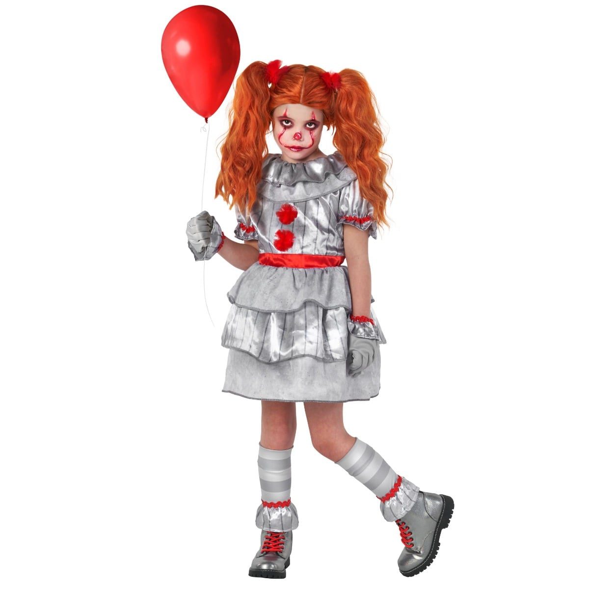 Girl in a creepy clown costume with a gray satin layered dress with a ruffled collar, two red pom poms and a red sash, gray gloves, and gray and white striped leg warmers with red trim, holding a red balloon